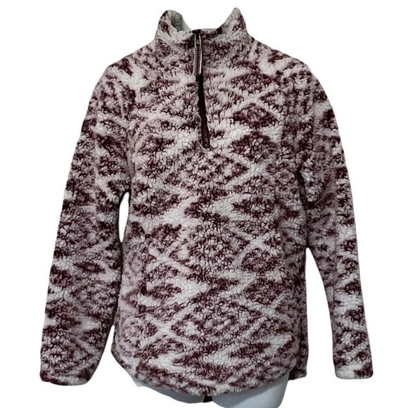 Cozy Sherpa Jackets & Blazers - Cozy Sherpa Burgundy & White Quarter Pullover Size S